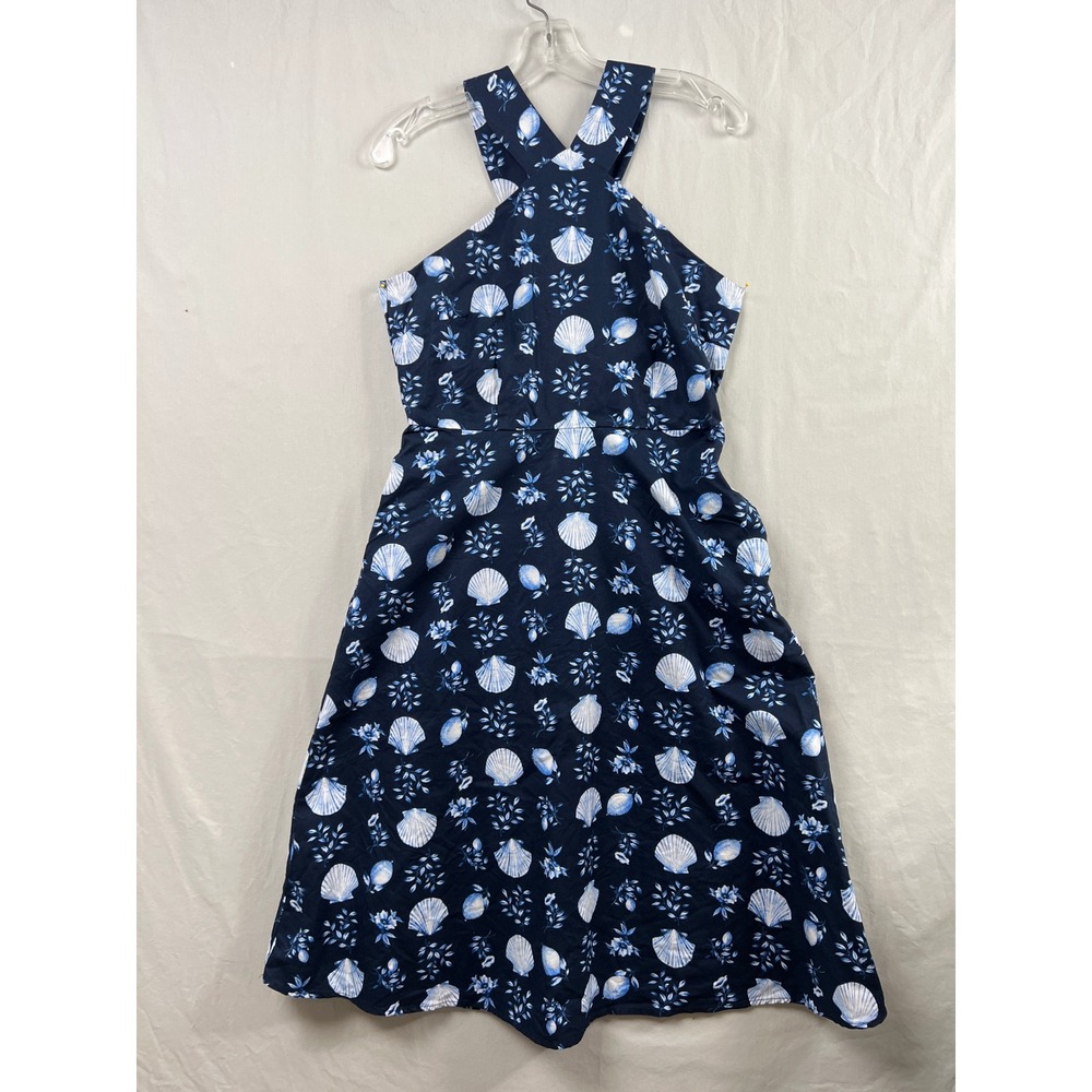 Ann Taylor Halter Dress Womens 6P Navy Blue Shell Lemon Linen Blend Midi Pockets